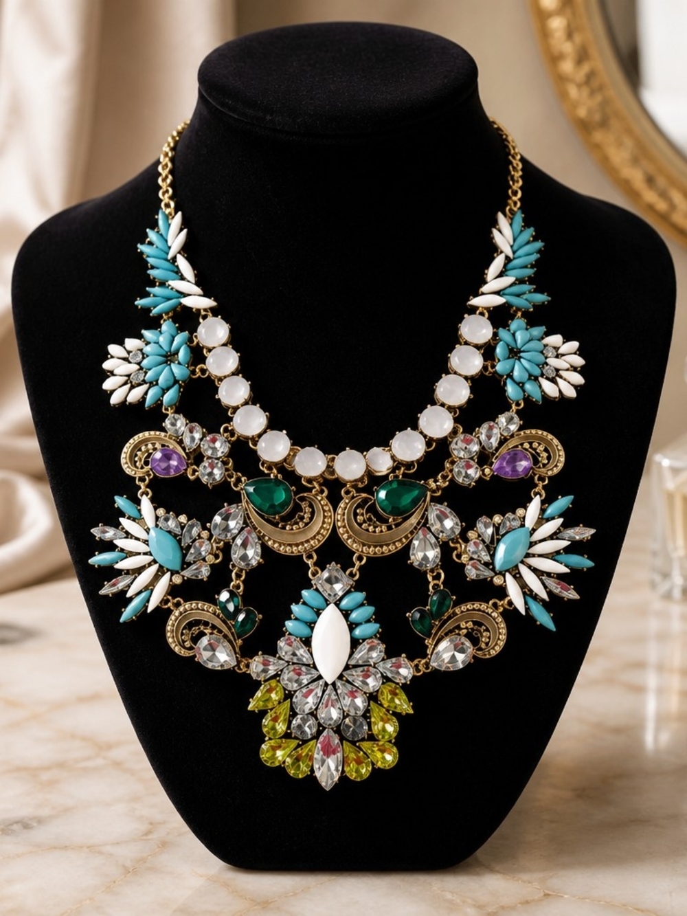 Multi-Color Statement Bib Necklace with Turquoise, White & Green Accents